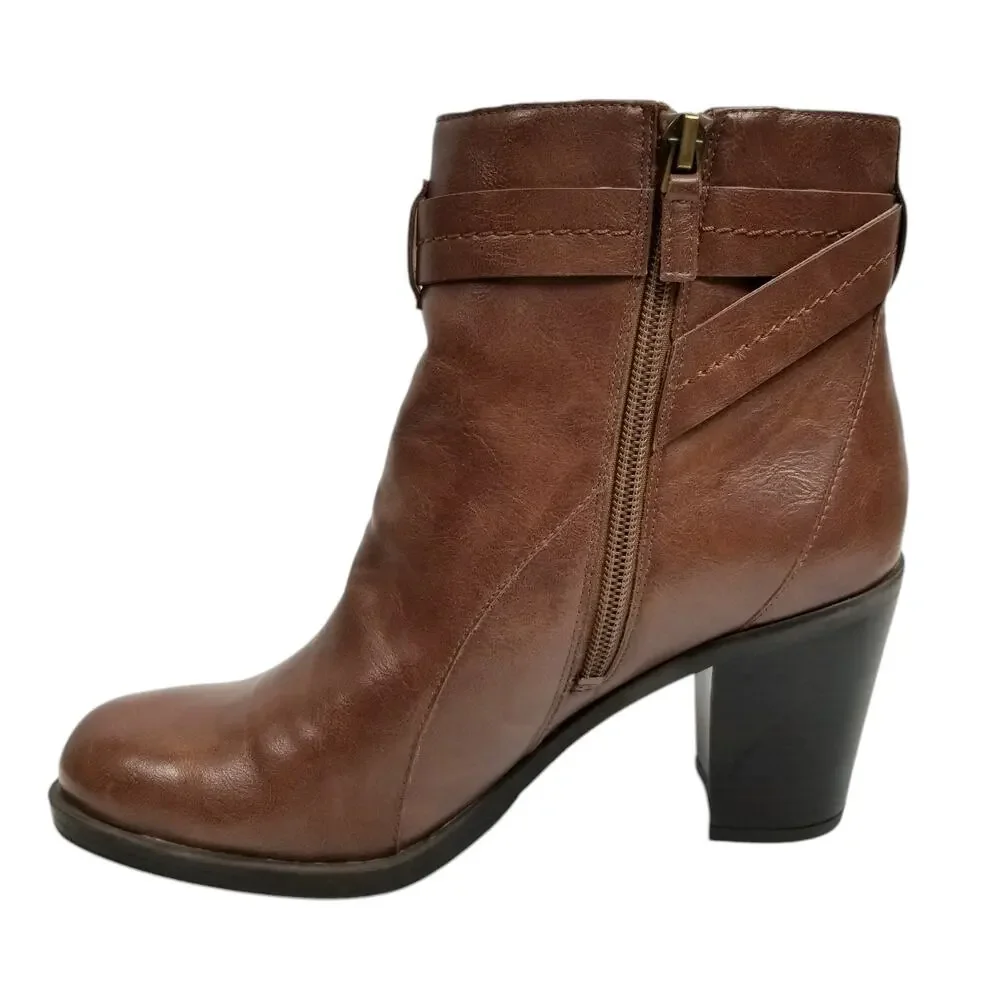 Franco Sarto Nino Women's Brown Faux Leather Stacked Heel Ankle Boots Size 8.5